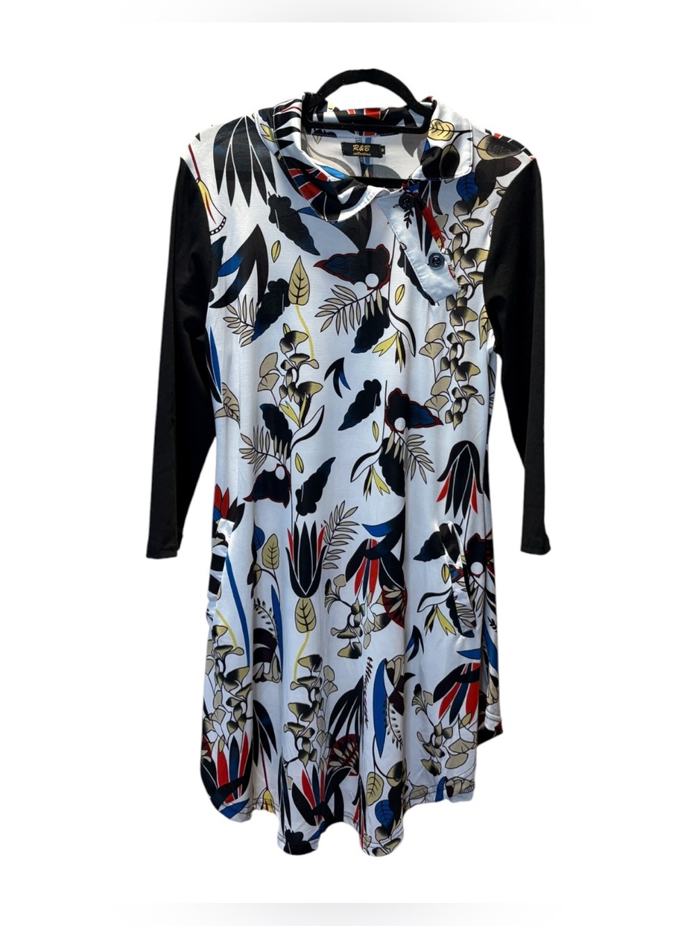 R&B Collection Floral Print Long-Sleeve Dress in White and Black